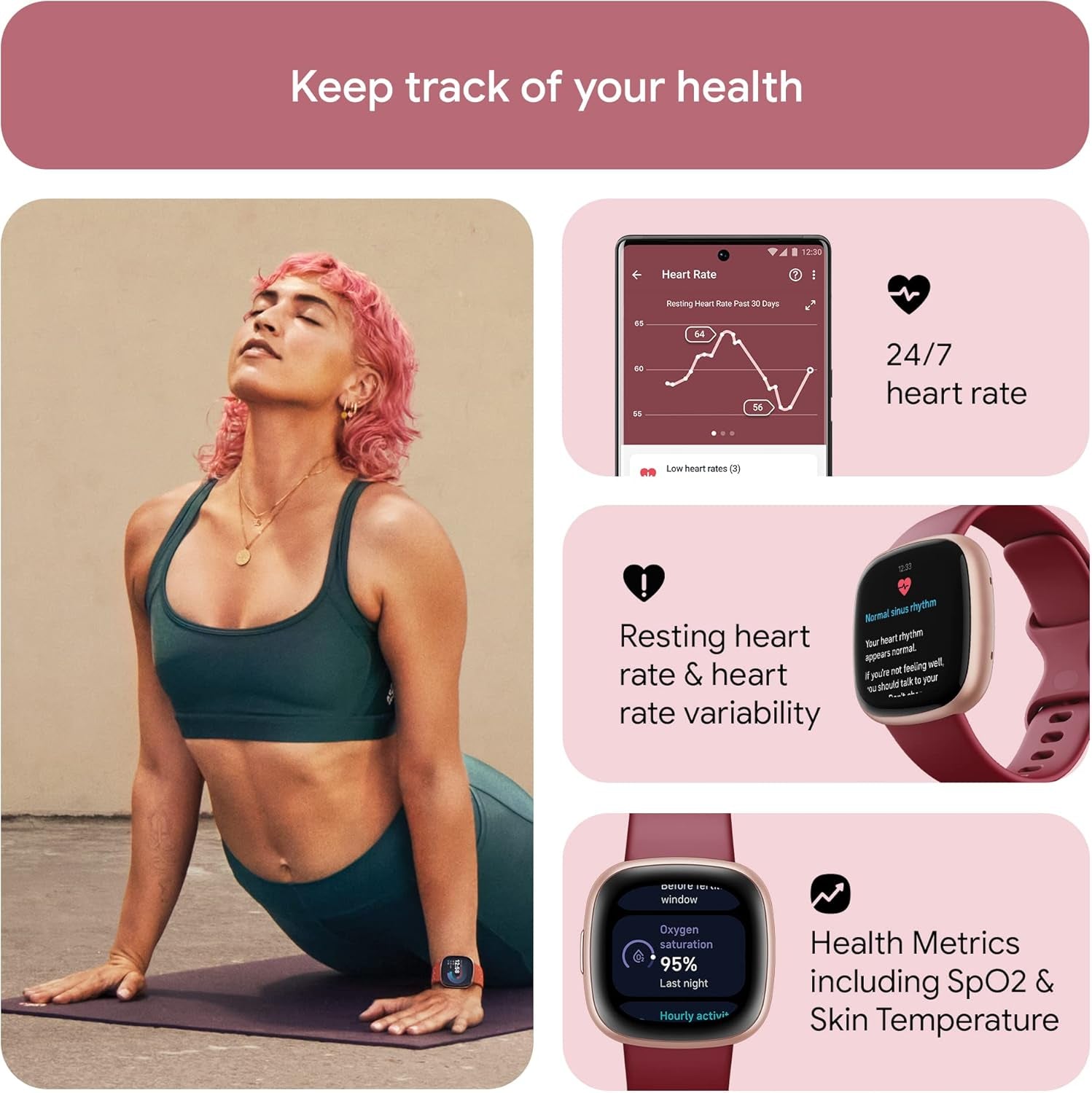 Google  Versa 4 Fitness Smart Watch for Men and Women with Daily Readiness,Gps,24/7Heart Rate,40+ Exercise Modes,Sleep Tracking and More, Beet Juice/Copper Rose,One Size (S and L Bands Included)