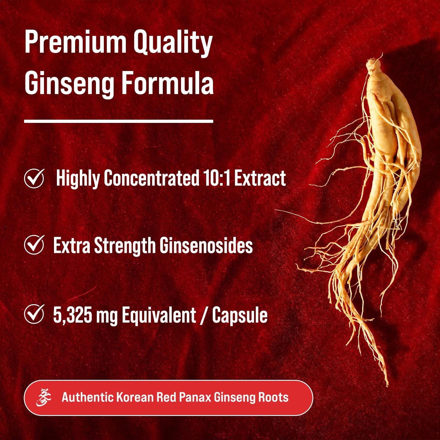 Korean Red Panax Ginseng 5325Mg per Serving | 10:1 Ginseng Root Extract with 5% Ginsenosides for Energy, Focus & Performance | Ginseng Supplement with Korean Panax Ginseng Capsules | Vegan & Non-Gmo | 120 Capsules