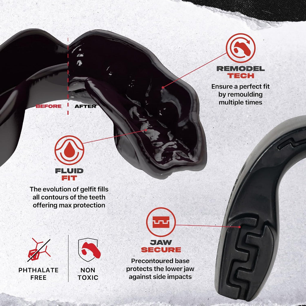 Mouthguard Strapless Slim Fit, Adults and Junior with Case for Boxing, Basketball, Football, MMA, Martial Arts, Hockey and All Contact Sports (Junior (<11 Years), Black)