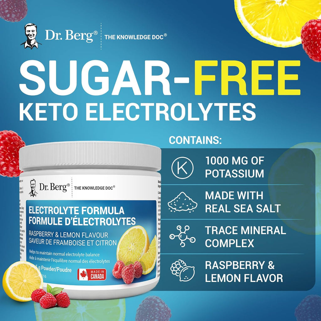 Dr. Berg Electrolytes Powder No Sugar - Enhanced W/ 1000 Mg of Potassium & Real Sea Salt - Zero Sugar Electrolyte Powder - Raspberry & Lemon Flavor Hydration Powder Electrolytes - 50 Servings