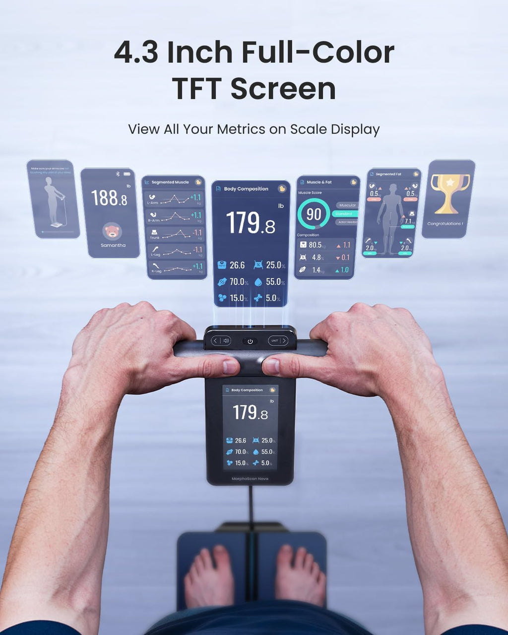 Smart Scale for Body Weight, 8-Electrode Body Fat Scale with BMI, Body Fat, Muscle Mass, USB-C Rechargeable Scale with Full-Color TFT LCD on Handle, Morphoscan Nova