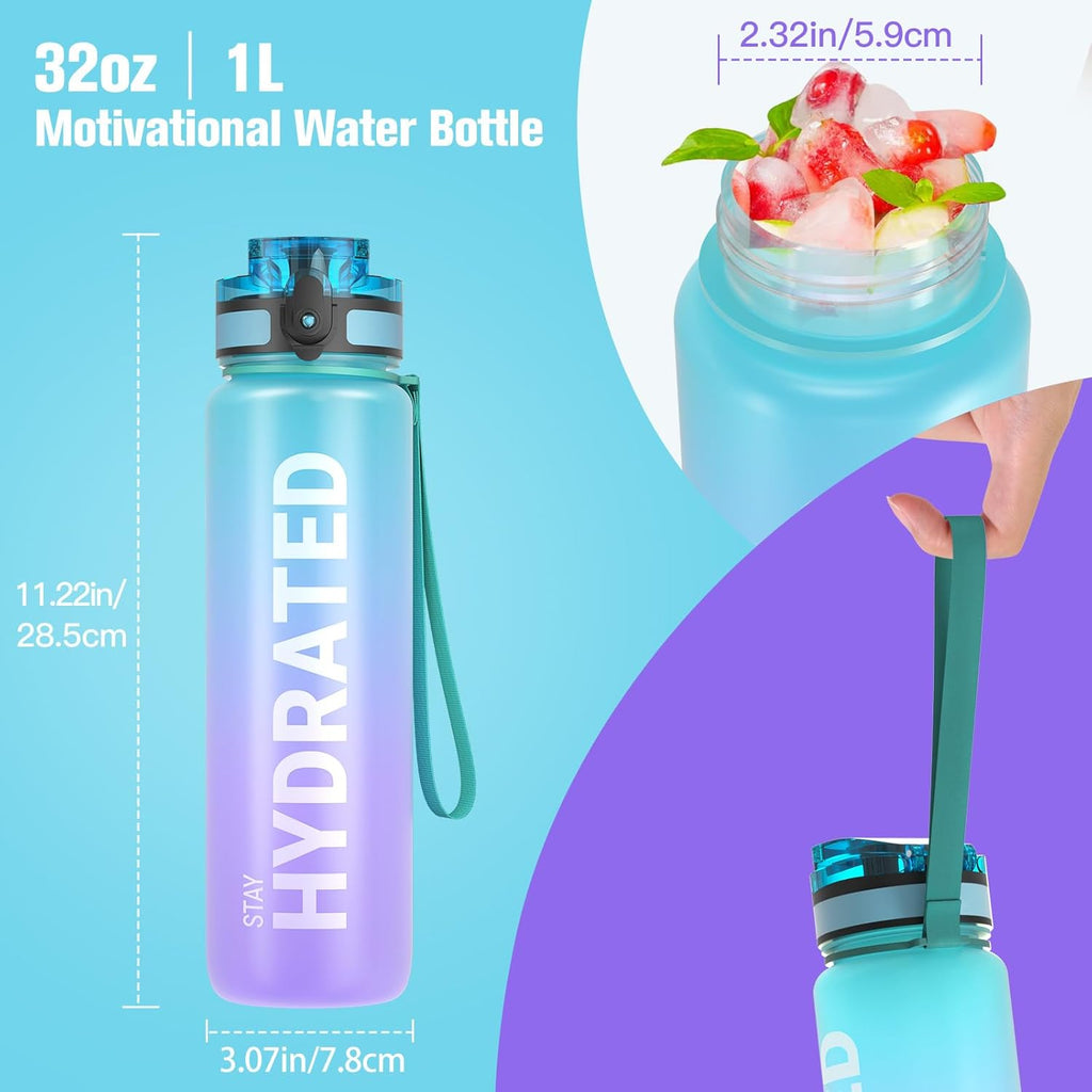 Water Bottle, 32Oz Motivational Sports Water Bottle with Time Marker - Times to Drink - Tritan, BPA Free, Wide Mouth Leakproof, Fast Flow Technology with Clean Brush (1 Bottle)