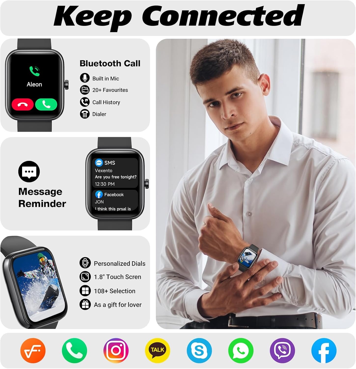 Smart Watch for Men Women with Bluetooth Call, Alexa Built-In, Heart Rate & Sleep Monitor, 1.83" DIY Dial Fitness Watch with 100+ Sport Modes, IP68 Waterproof, Compatible with Android Ios