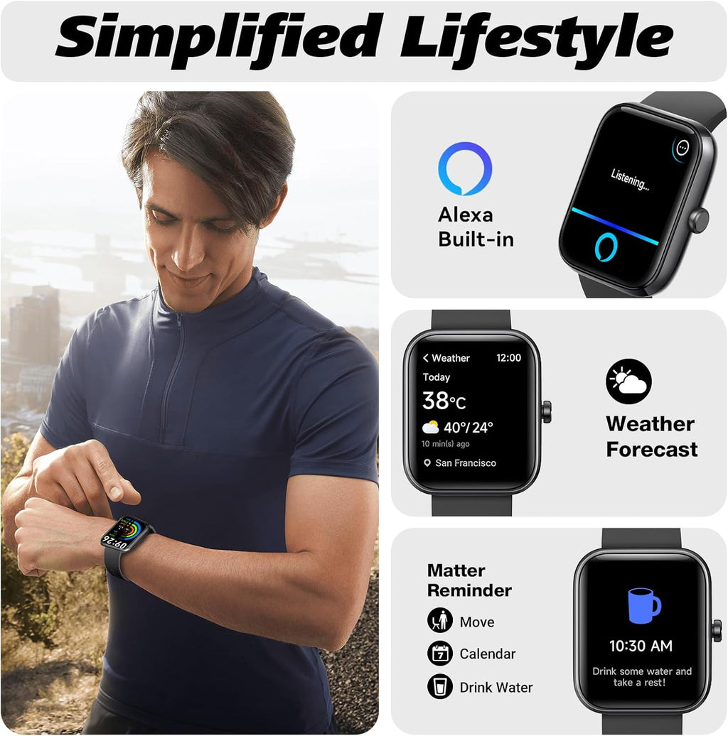Smart Watch for Men Women with Bluetooth Call, Alexa Built-In, Heart Rate & Sleep Monitor, 1.83" DIY Dial Fitness Watch with 100+ Sport Modes, IP68 Waterproof, Compatible with Android Ios