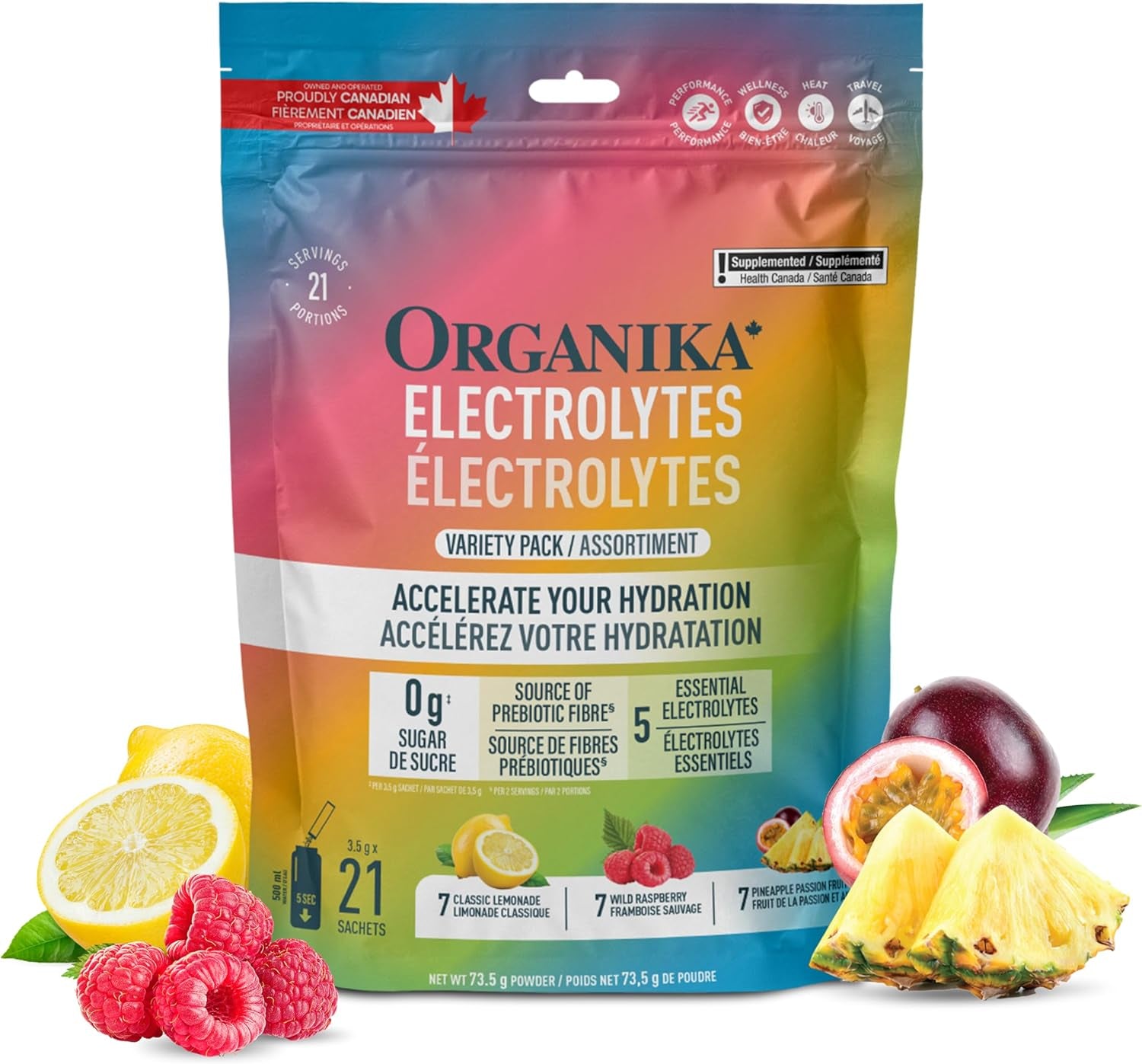 Canadian-Made Electrolytes Powder - Variety Pack Sachets (Raspberry/Lemonade/Pineapple) On-The-Go Sugar-Free Hydration and Electrolyte Replenishment with Prebiotics and Vitamin C, 3.5G X 21Ct