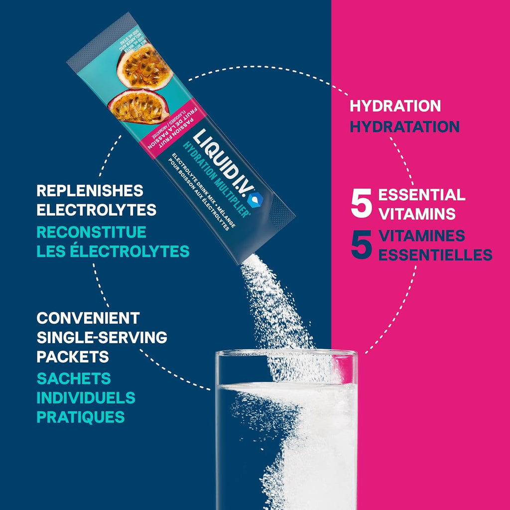 Hydration Multiplier Electrolyte Drink Mix - Enhanced Hydration Electrolyte Powder with Vitamins B3, B5, B6, B12 and C -18X On-The-Go Sticks for Workout and Travel - Passion Fruit
