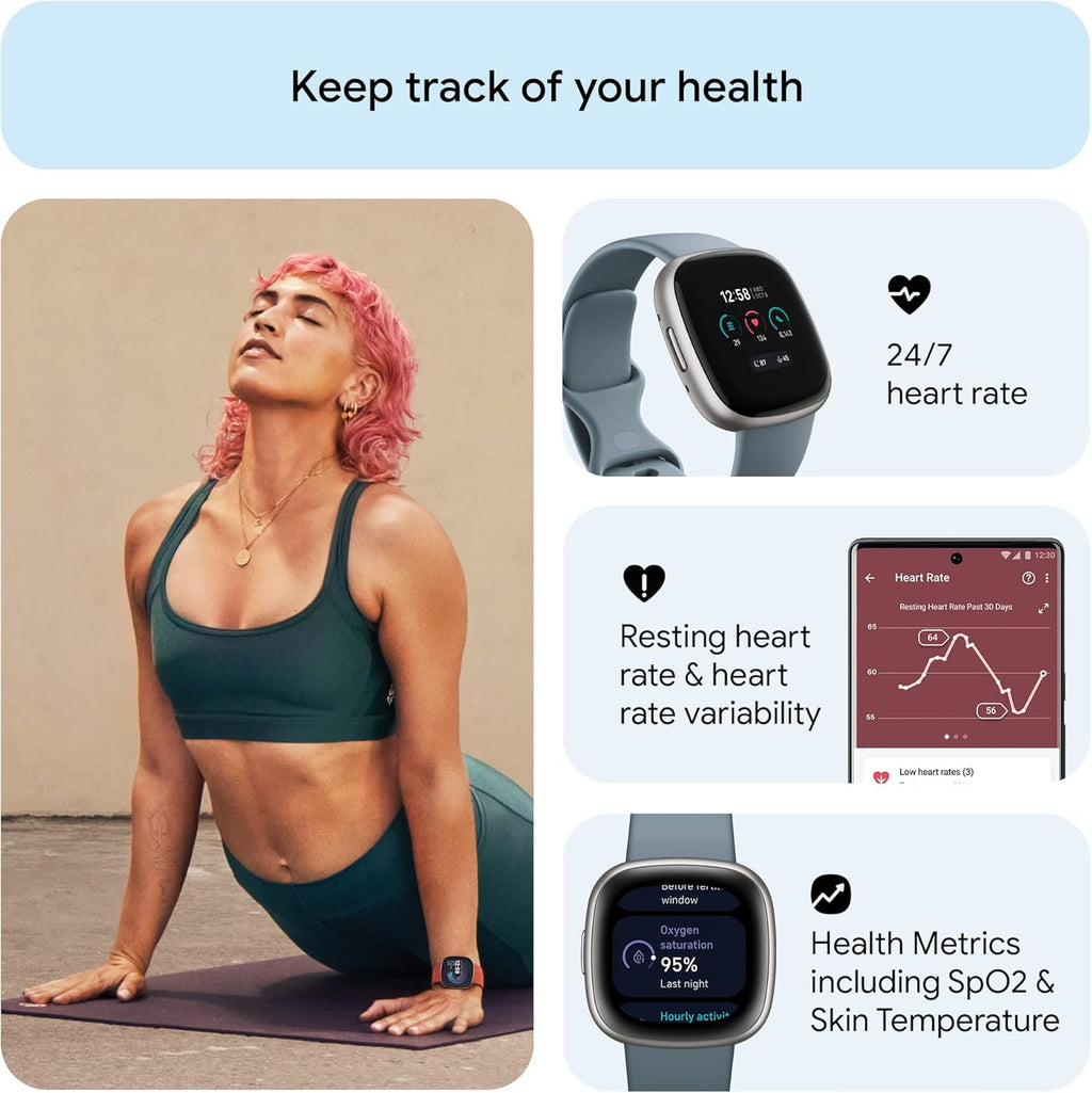 Google  Versa 4 Fitness Smartwatch with Daily Readiness, Gps, 24/7 Heart Rate, 40+ Exercise Modes, Sleep Tracking and More, Waterfall Blue/Platinum, One Size (S and L Bands Included)