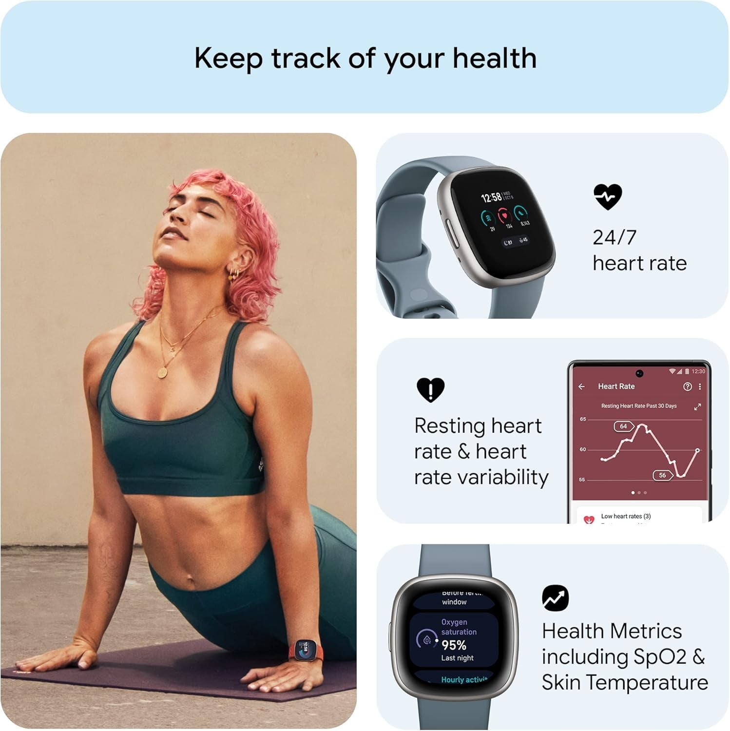 Google  Versa 4 Fitness Smartwatch with Daily Readiness, Gps, 24/7 Heart Rate, 40+ Exercise Modes, Sleep Tracking and More, Waterfall Blue/Platinum, One Size (S and L Bands Included)