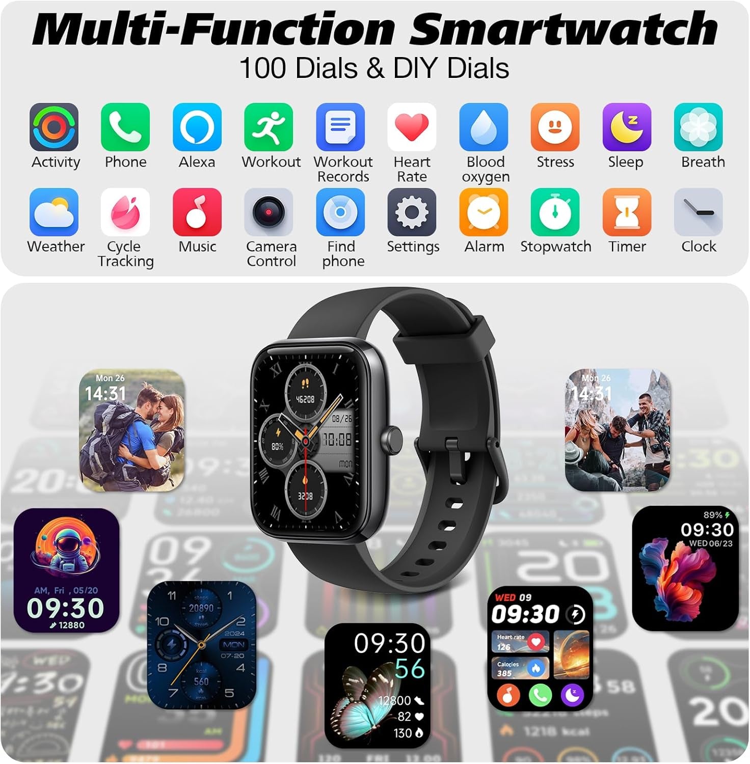 Smart Watch for Men Women with Bluetooth Call, Alexa Built-In, Heart Rate & Sleep Monitor, 1.83" DIY Dial Fitness Watch with 100+ Sport Modes, IP68 Waterproof, Compatible with Android Ios