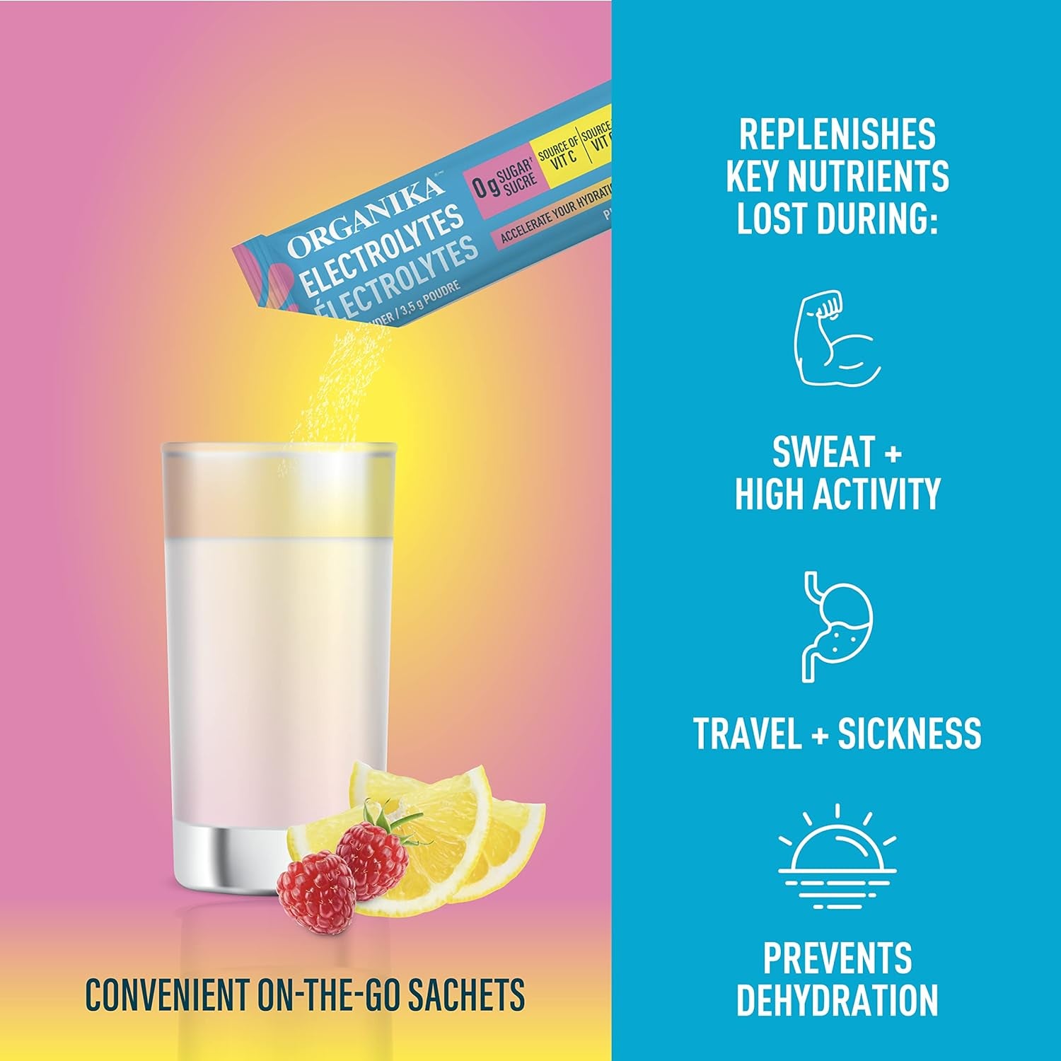 Canadian-Made Electrolytes Powder- Pink Lemonade Sachets- on the Go Sugar Free Hydration and Electrolyte Replenishment with Prebiotics and Vitamin C 3.5G X 20Ct