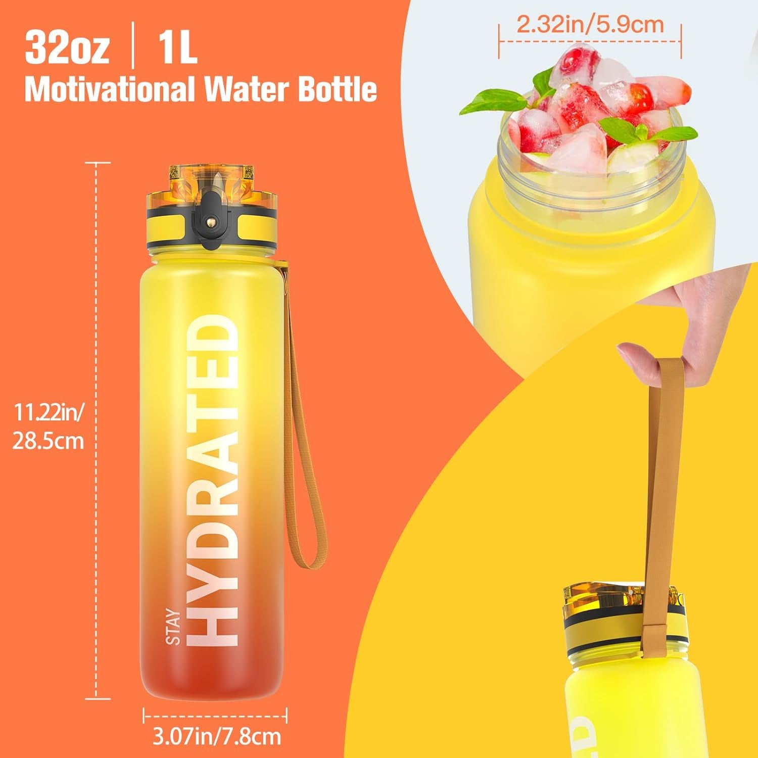 Water Bottle, 32Oz Motivational Sports Water Bottle with Time Marker - Times to Drink - Tritan, BPA Free, Wide Mouth Leakproof, Fast Flow Technology with Clean Brush (1 Bottle)