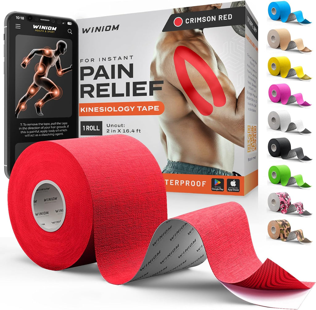Kinesiology Tape-Incredible Support for Athletic Sports and Recovery+Free Taping Guide - Uncut 2 Inch 16.4 Feet Roll (Crimson Red + Free Taping Guide, Pack of 1)