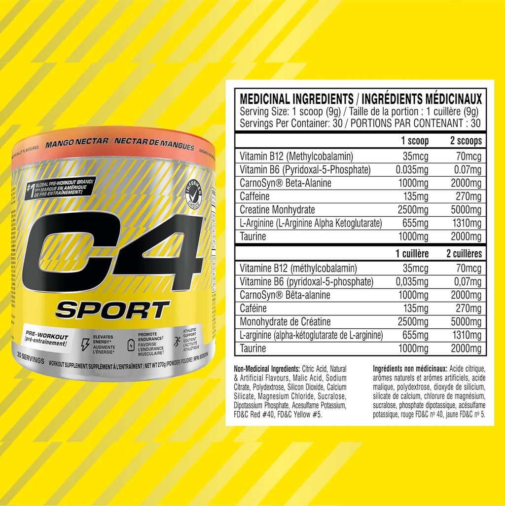 C4 Sport Pre Workout Powder - Preworkout Energy with Creatine, Beta-Alanine, and 135Mg Caffeine - NSF Certified for Sport - Mango Nectar, 30 Servings