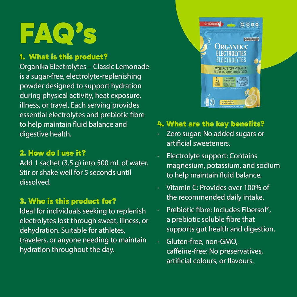 Canadian-Made Electrolytes Powder - Classic Lemonade Sachets - on the Go Sugar-Free Hydration and Electrolyte Replenishment with Prebiotics and Vitamin C - 3.5G X 20Ct