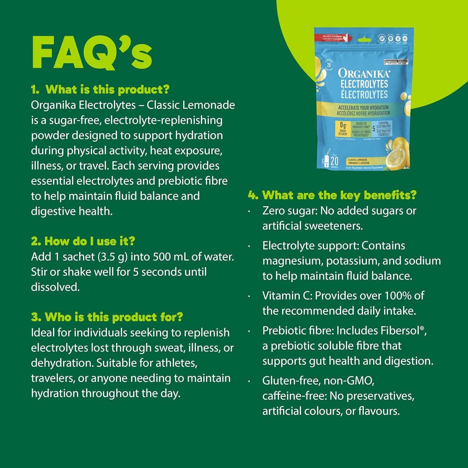 Canadian-Made Electrolytes Powder - Classic Lemonade Sachets - on the Go Sugar-Free Hydration and Electrolyte Replenishment with Prebiotics and Vitamin C - 3.5G X 20Ct