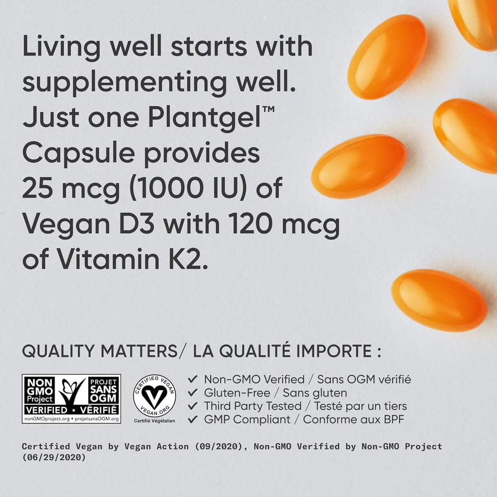 Vitamin D3 + K2 with 1000Iu of Plant-Based D3 & 120Mcg of Vitamin K2 as MK-7 Non-Gmo Verified & Vegan Certified,Softgel (60Ct)