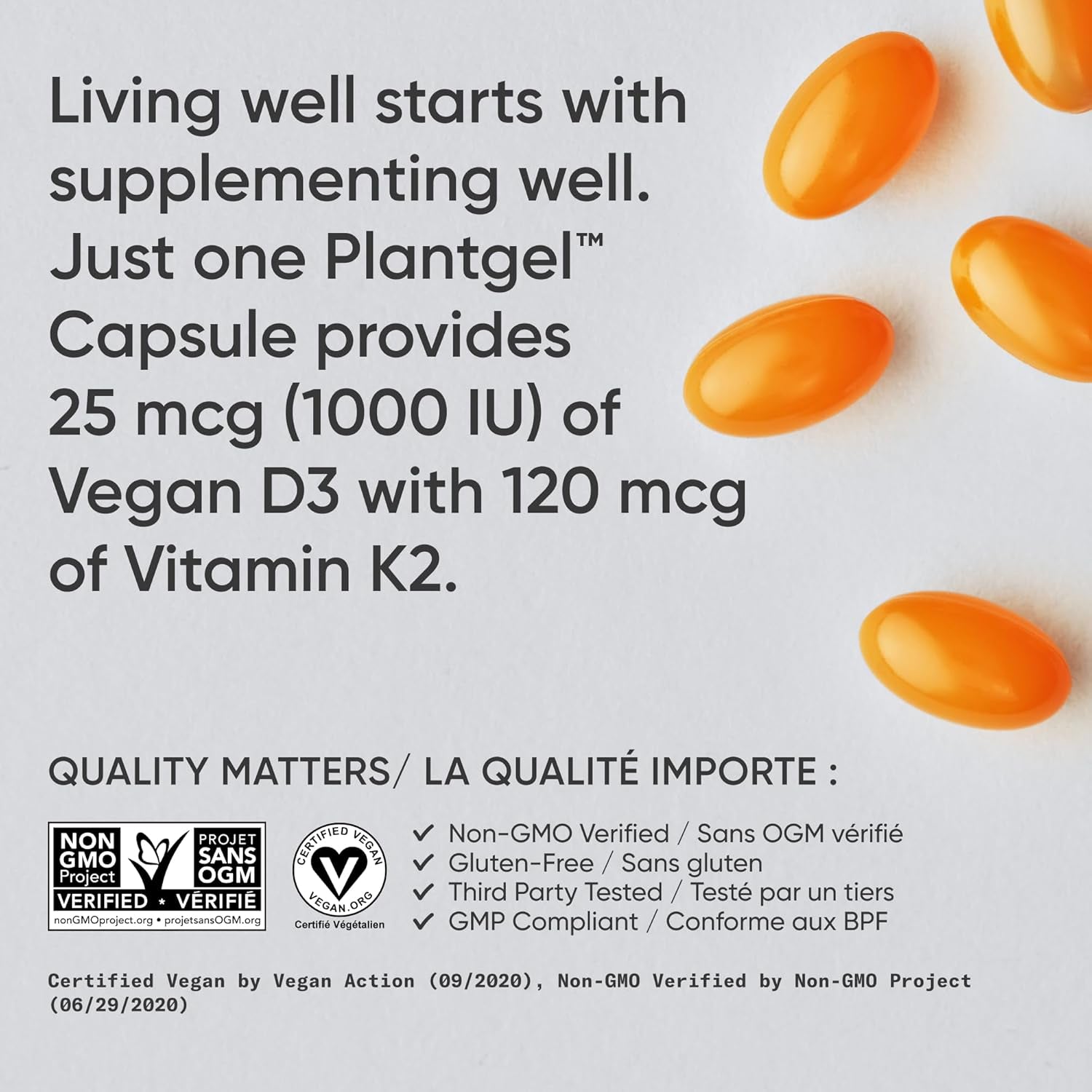 Vitamin D3 + K2 with 1000Iu of Plant-Based D3 & 120Mcg of Vitamin K2 as MK-7 Non-Gmo Verified & Vegan Certified,Softgel (60Ct)