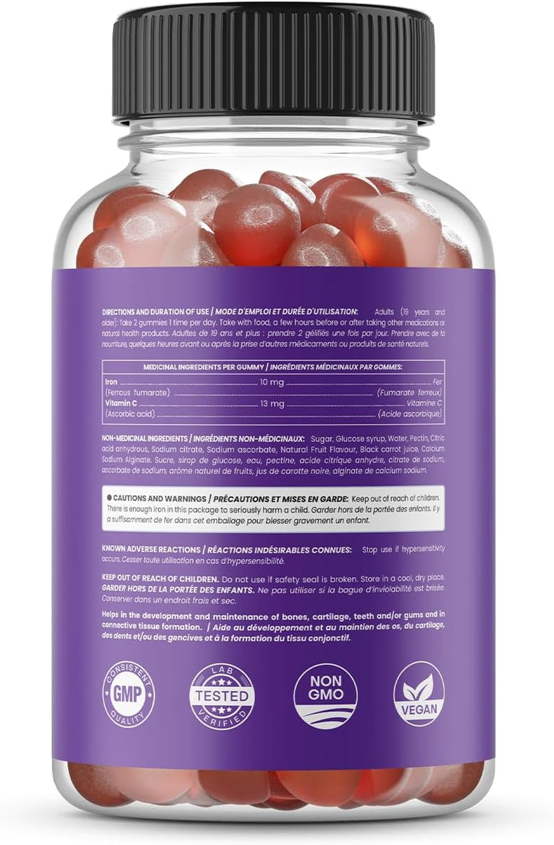Iron Gummies with Vitamin C | 10Mg Iron per Gummy | Iron Supplements for Women & Men | Vegan Gummies | Blood Cell Formation Support | Energy, Focus, Immune Support | Vegan & Non-Gmo (1)