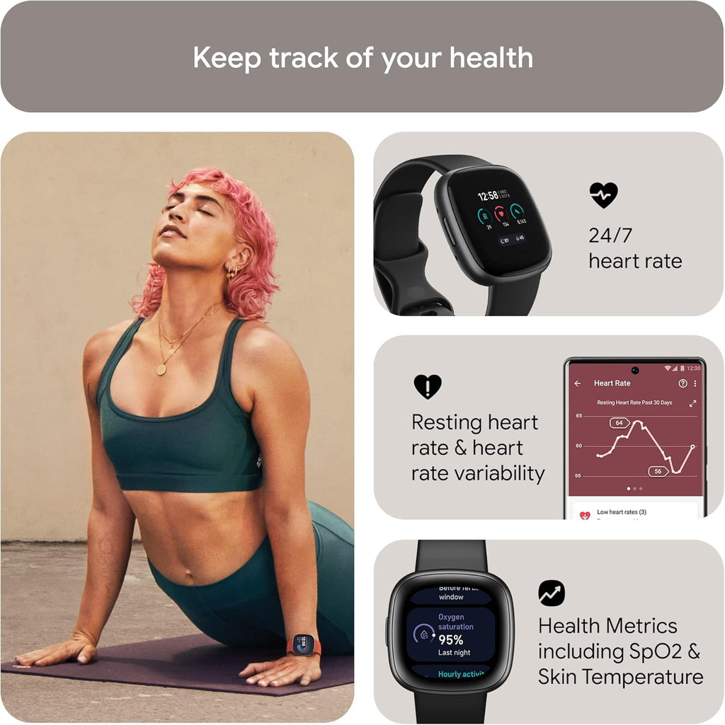 Google  Versa 4 Fitness Smart Watch for Men and Women with Daily Readiness, Gps, 24/7 Heart Rate, 40+ Exercise Modes, Sleep Tracking and More, Black/Graphite, One Size (S and L Bands Included