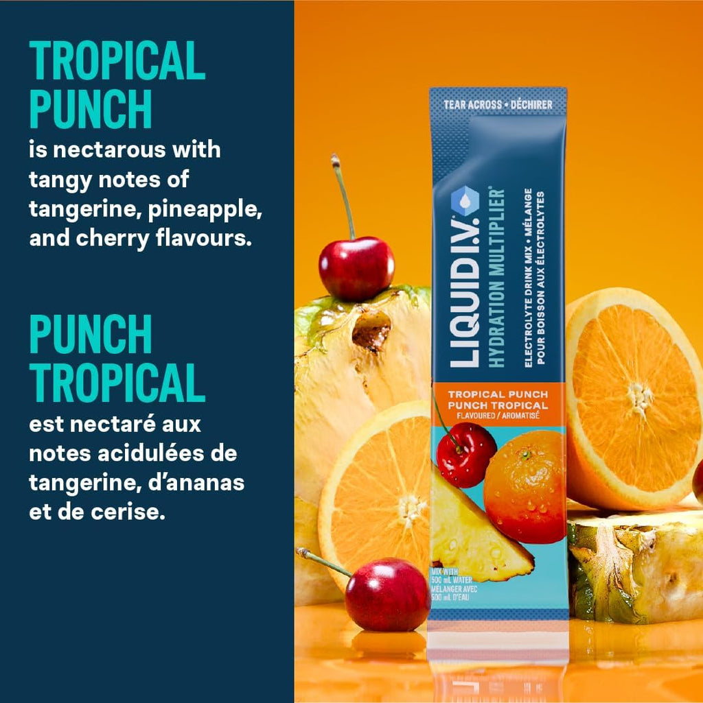 Hydration Multiplier Electrolyte Drink Mix - Enhanced Hydration Electrolyte Powder with Vitamins B3, B5, B6, B12 and C -18X On-The-Go Sticks for Workout and Travel - Tropical Punch