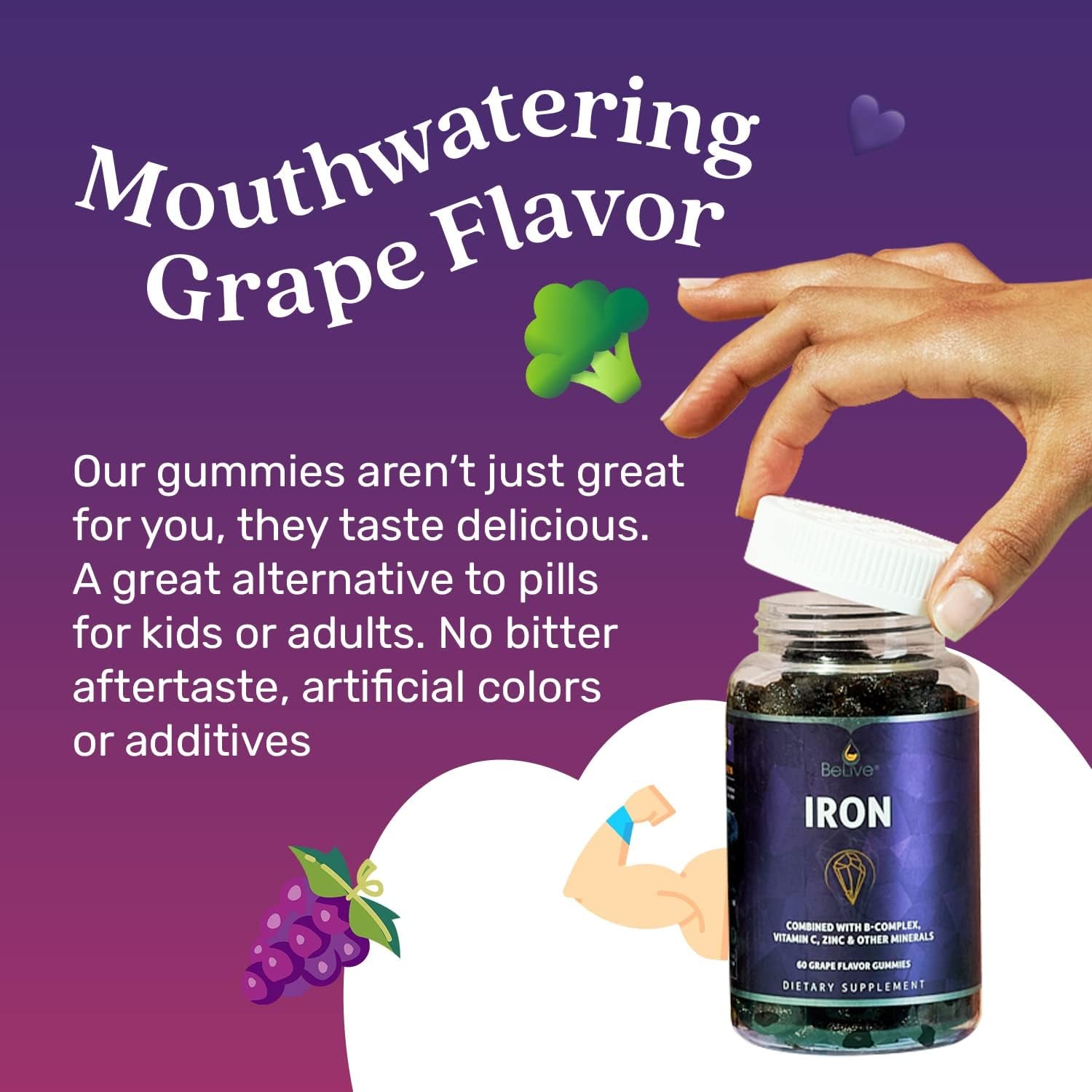 Iron Gummies Supplement with Vitamin C, A, Vitamins B Complex, Folate, Multivitamins for Women, Kids & Adults - Supports Energy, No after Taste, Vegan Supplements - Grape Flavor (60 Ct)