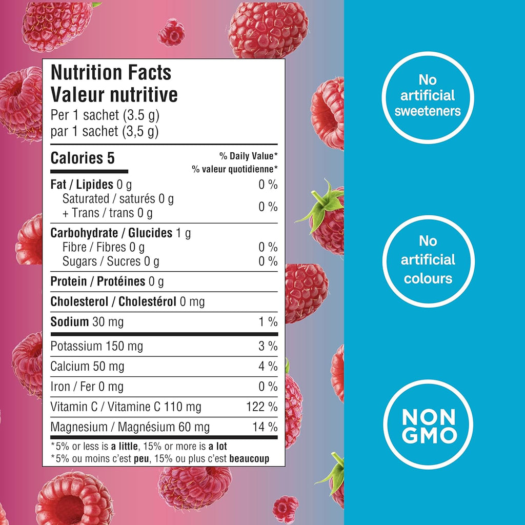 Canadian-Made Electrolytes Powder- Wild Raspberry Sachets- on the Go Sugar-Free Hydration and Electrolyte Replenishment with Prebiotics and Vitamin C-3.5G X 20Ct