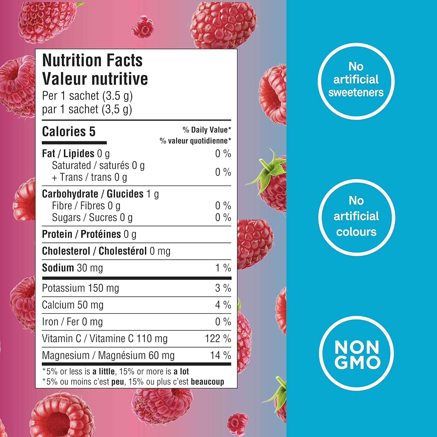 Canadian-Made Electrolytes Powder- Wild Raspberry Sachets- on the Go Sugar-Free Hydration and Electrolyte Replenishment with Prebiotics and Vitamin C-3.5G X 20Ct