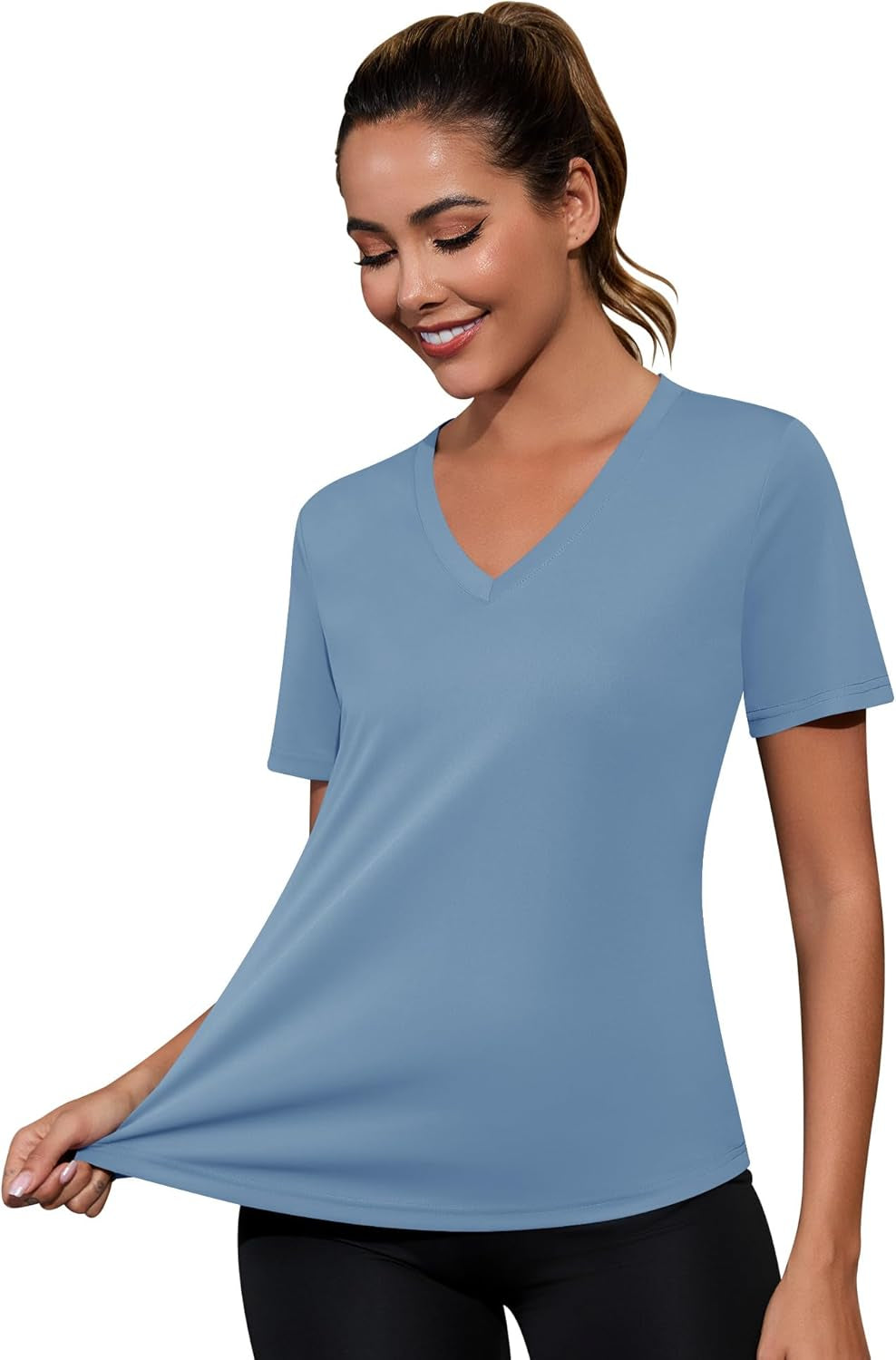 Workout Tops for Women Breathable V Neck Yoga T Shirts Trending Beach Casual Loose Fit Tee Running