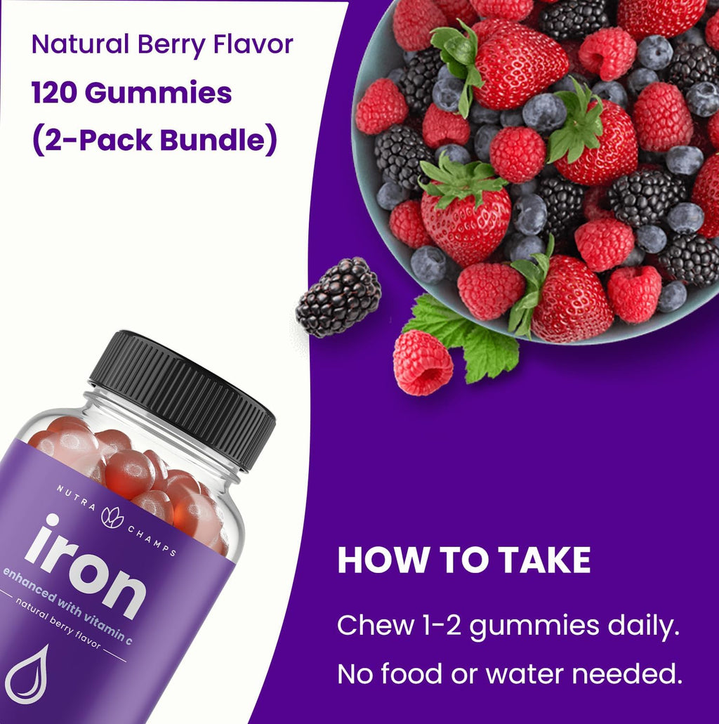 Iron Gummies 20Mg per Serving | Chewable Iron Supplement with Vitamin C for Gentle Absorption | for Women, Kids & Toddlers | Prenatal Gummy Supplement for Energy & Immune Support | Vegan & Non-Gmo | 120 Gummies