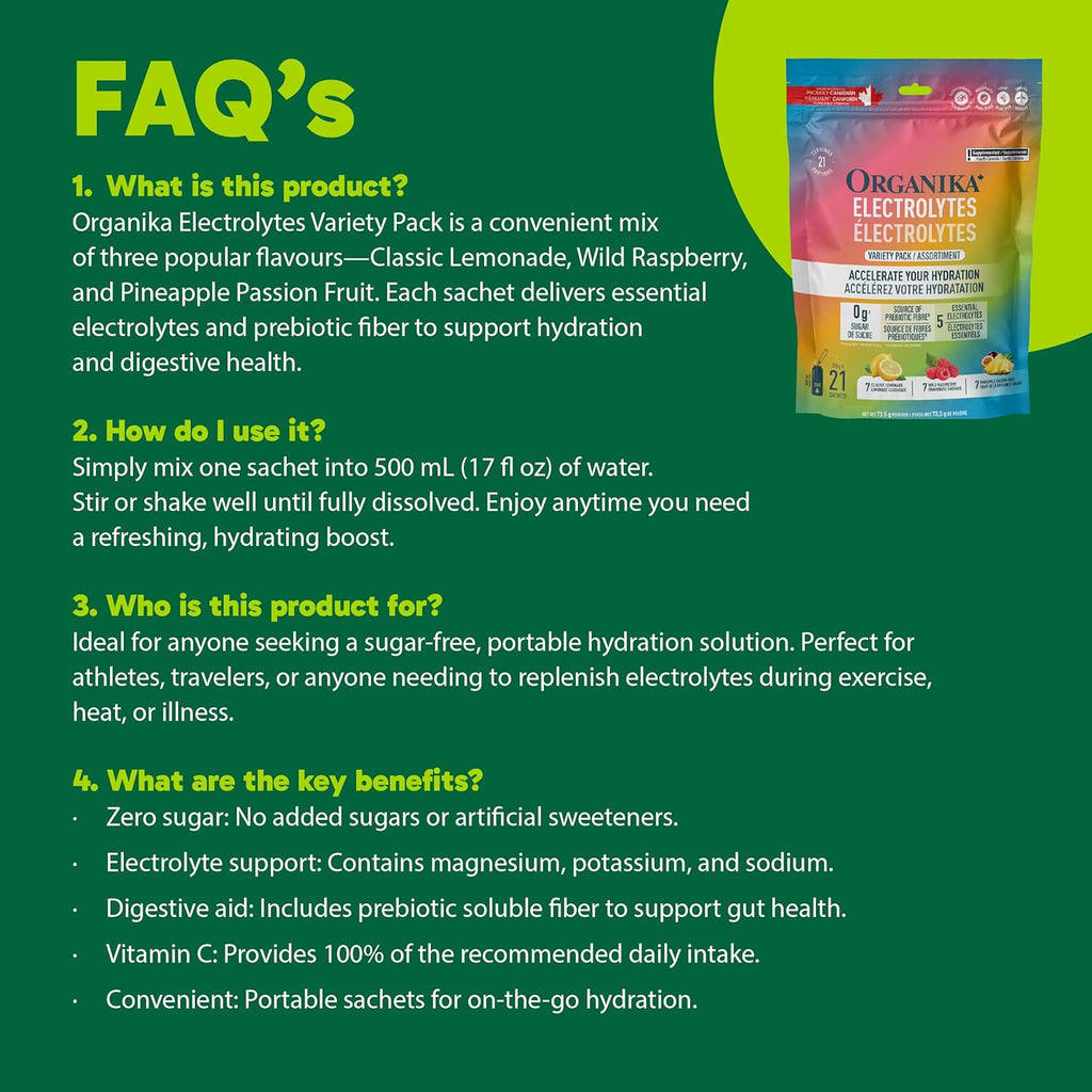 Canadian-Made Electrolytes Powder - Variety Pack Sachets (Raspberry/Lemonade/Pineapple) On-The-Go Sugar-Free Hydration and Electrolyte Replenishment with Prebiotics and Vitamin C, 3.5G X 21Ct