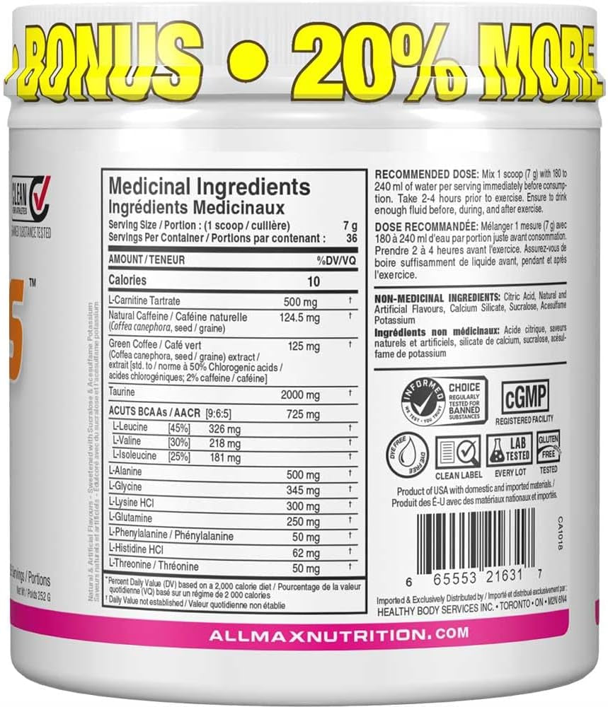 - AMINOCUTS (A:CUTS) - Weight-Management BCAA (L-Carnitine + Taurine + Green Coffee) - Pink Lemonade -Dye Free- 252 Gram - 36 Servings, 252-Gram