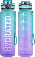Water Bottle, 32Oz Motivational Sports Water Bottle with Time Marker - Times to Drink - Tritan, BPA Free, Wide Mouth Leakproof, Fast Flow Technology with Clean Brush (1 Bottle)