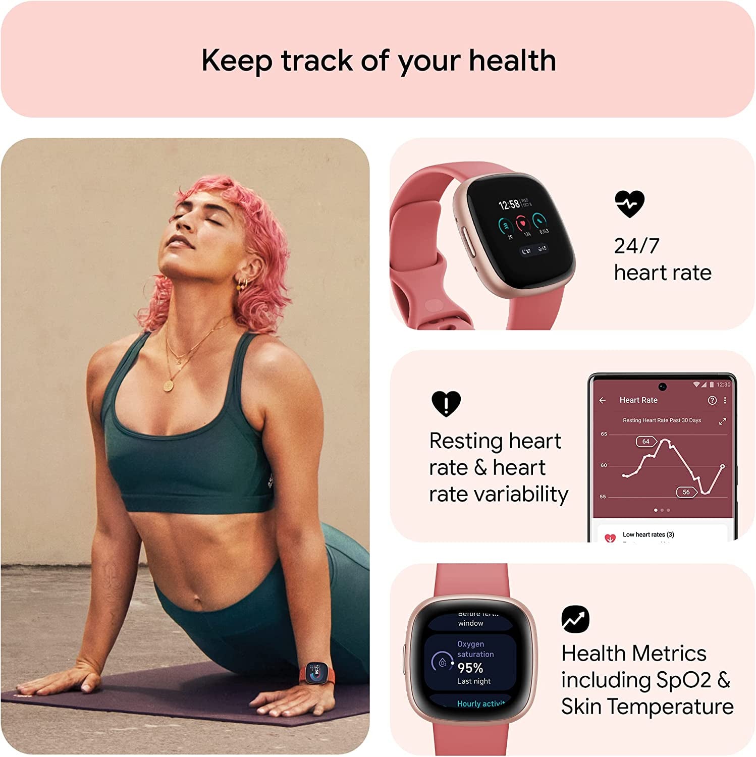 Google  Versa 4 Fitness Smartwatch with Daily Readiness, Gps, 24/7 Heart Rate, 40+ Exercise Modes, Sleep Tracking and More, Pink Sand/Copper Rose, One Size (S and L Bands Included)