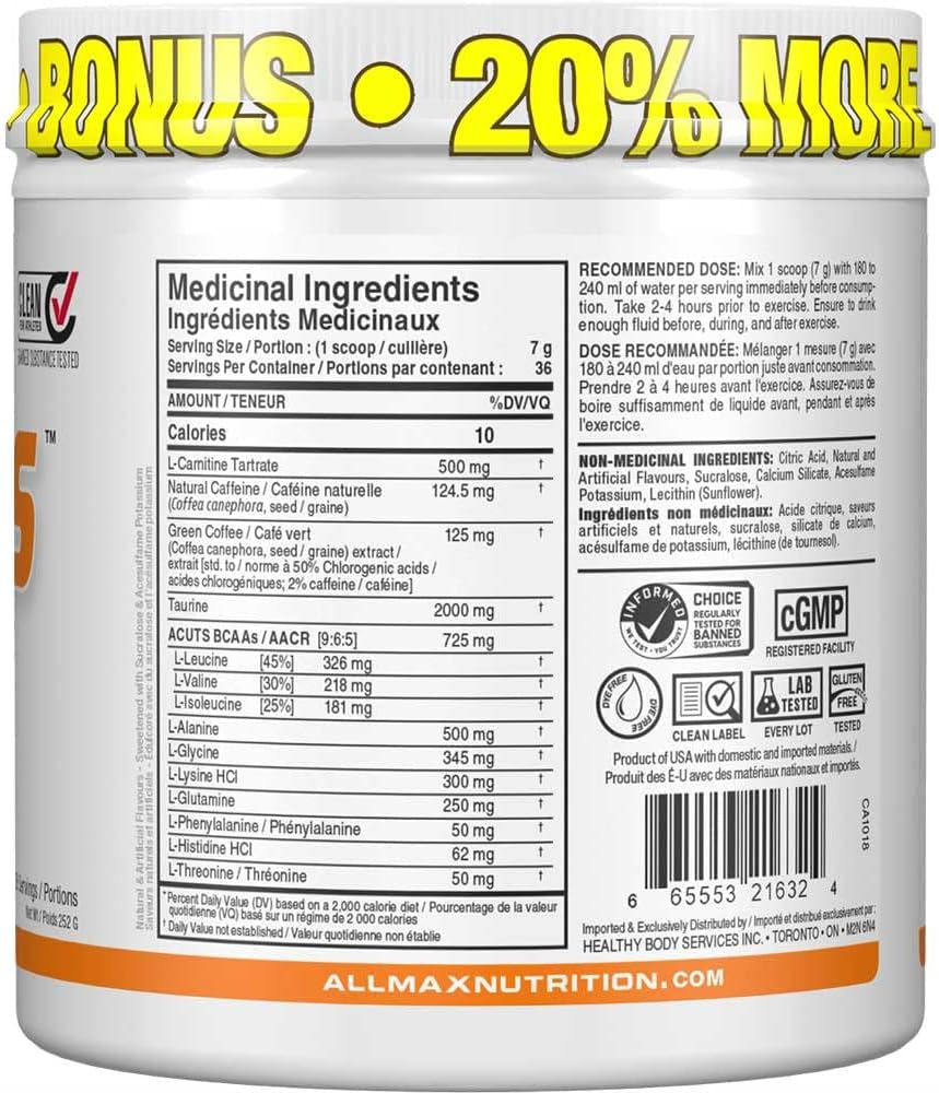 - AMINOCUTS (A:CUTS) - Weight-Management BCAA (L-Carnitine + Taurine + Green Coffee) - Arctic Orange - Dye Free - 252 Gram - 36 Servings