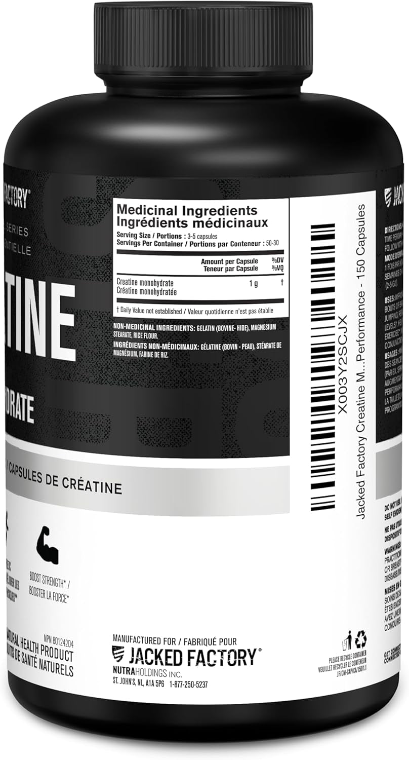 Creatine Monohydrate Capsules - Canadian-Owned Supplement for Muscle Growth, Increased Strength, Enhanced Energy Output, and Improved Athletic Performance - 150 Pills