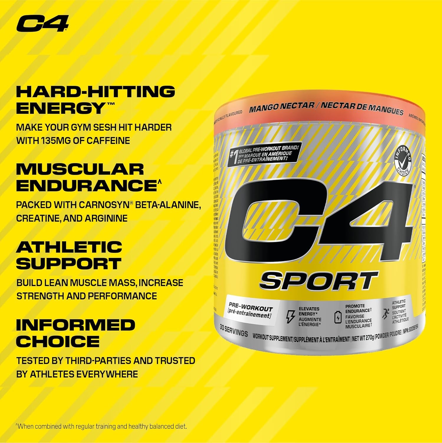 C4 Sport Pre Workout Powder - Preworkout Energy with Creatine, Beta-Alanine, and 135Mg Caffeine - NSF Certified for Sport - Mango Nectar, 30 Servings