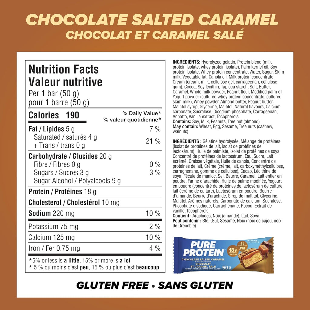 Bars - Nutritious, Gluten Free Bar, Made with Whey Protein Blend - Low Sugar, Protein Snack. Deliciously Satisfying. Made in Canada, Chocolate Salted Caramel (Pack of 6)