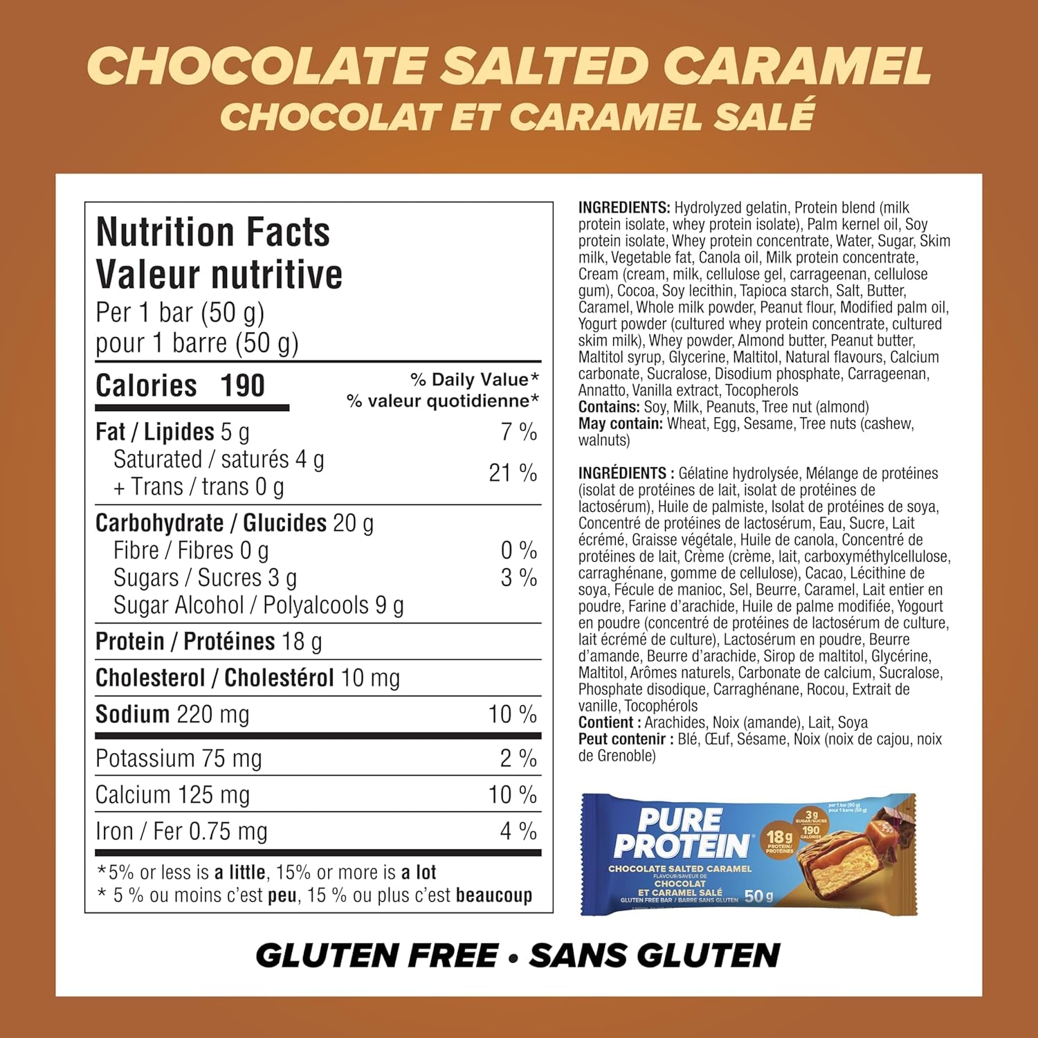 Bars - Nutritious, Gluten Free Bar, Made with Whey Protein Blend - Low Sugar, Protein Snack. Deliciously Satisfying. Made in Canada, Chocolate Salted Caramel (Pack of 6)