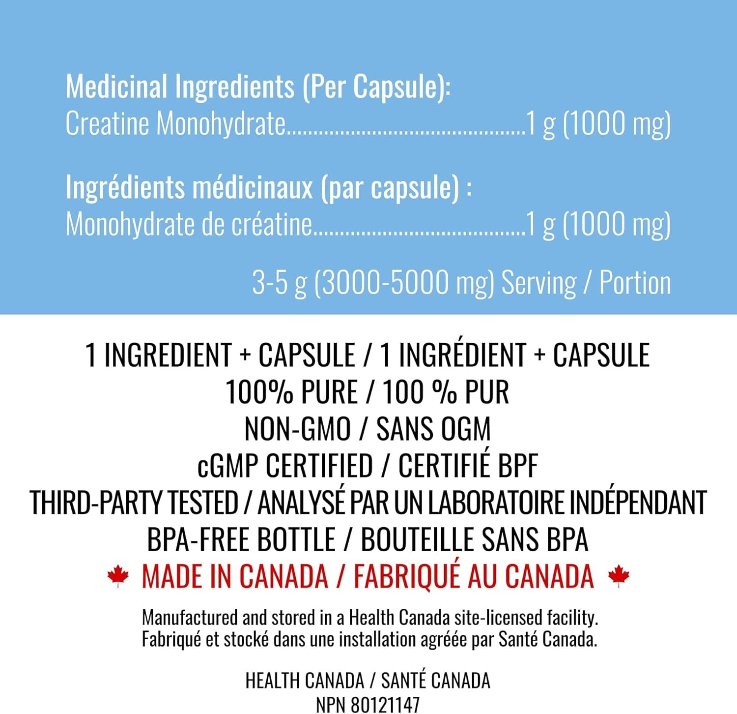 Creatine Capsules - 100% Creatine Monohydrate 1000 Mg X 150 Pills (3-5 G Serving) - Made in Canada - Premium Strength and Muscle Growth Supplement by
