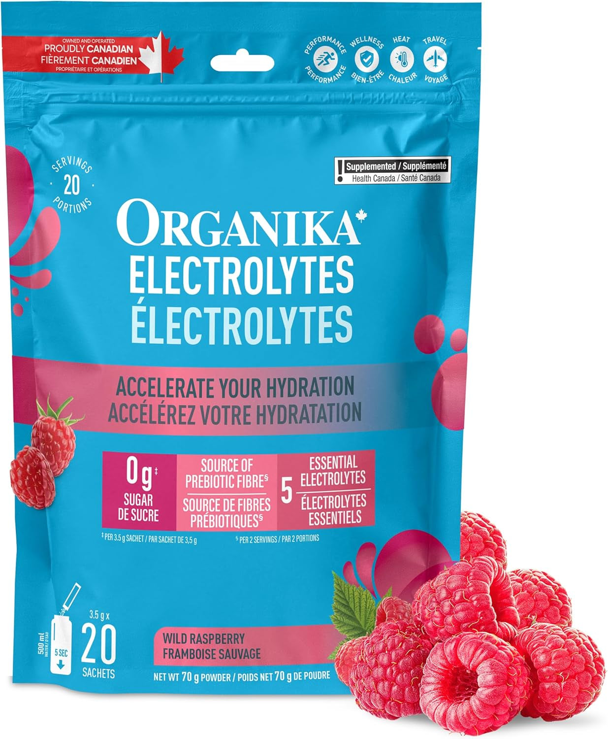 Canadian-Made Electrolytes Powder- Wild Raspberry Sachets- on the Go Sugar-Free Hydration and Electrolyte Replenishment with Prebiotics and Vitamin C-3.5G X 20Ct