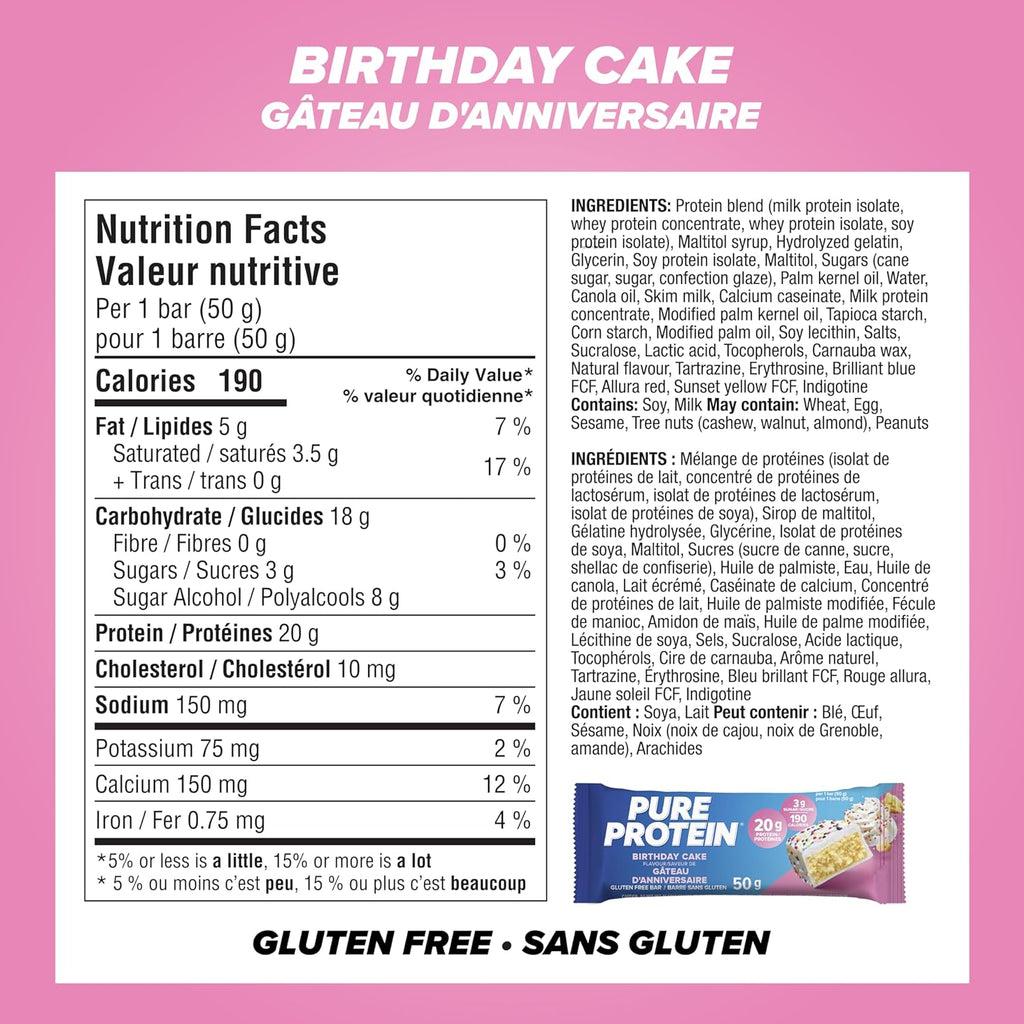 Bars - Nutritious, Gluten Free Bar, Made with Whey Protein Blend - Low Sugar, Protein Snack. Deliciously Satisfying. Made in Canada, Birthday Cake (Pack of 6)