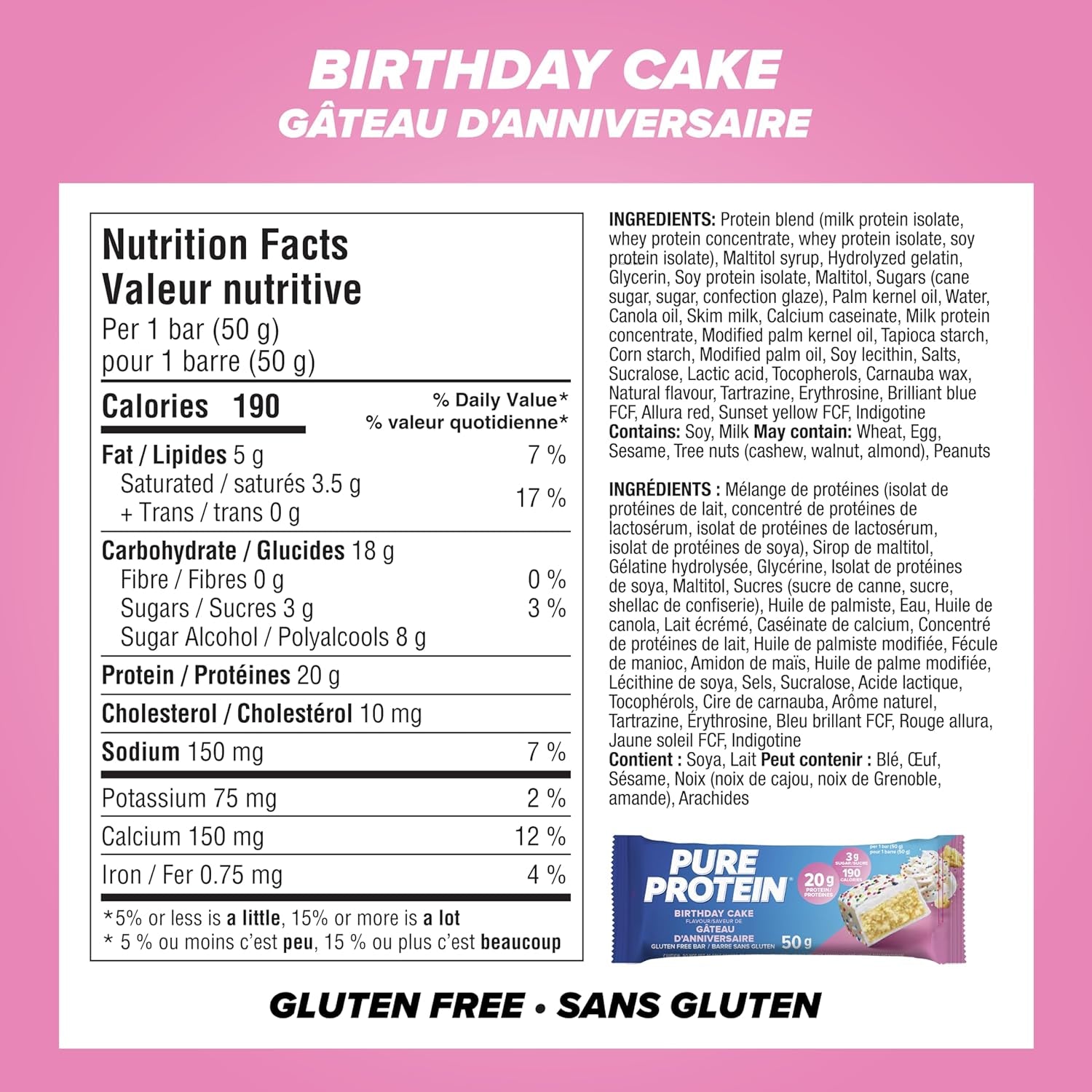 Bars - Nutritious, Gluten Free Bar, Made with Whey Protein Blend - Low Sugar, Protein Snack. Deliciously Satisfying. Made in Canada, Birthday Cake (Pack of 6)