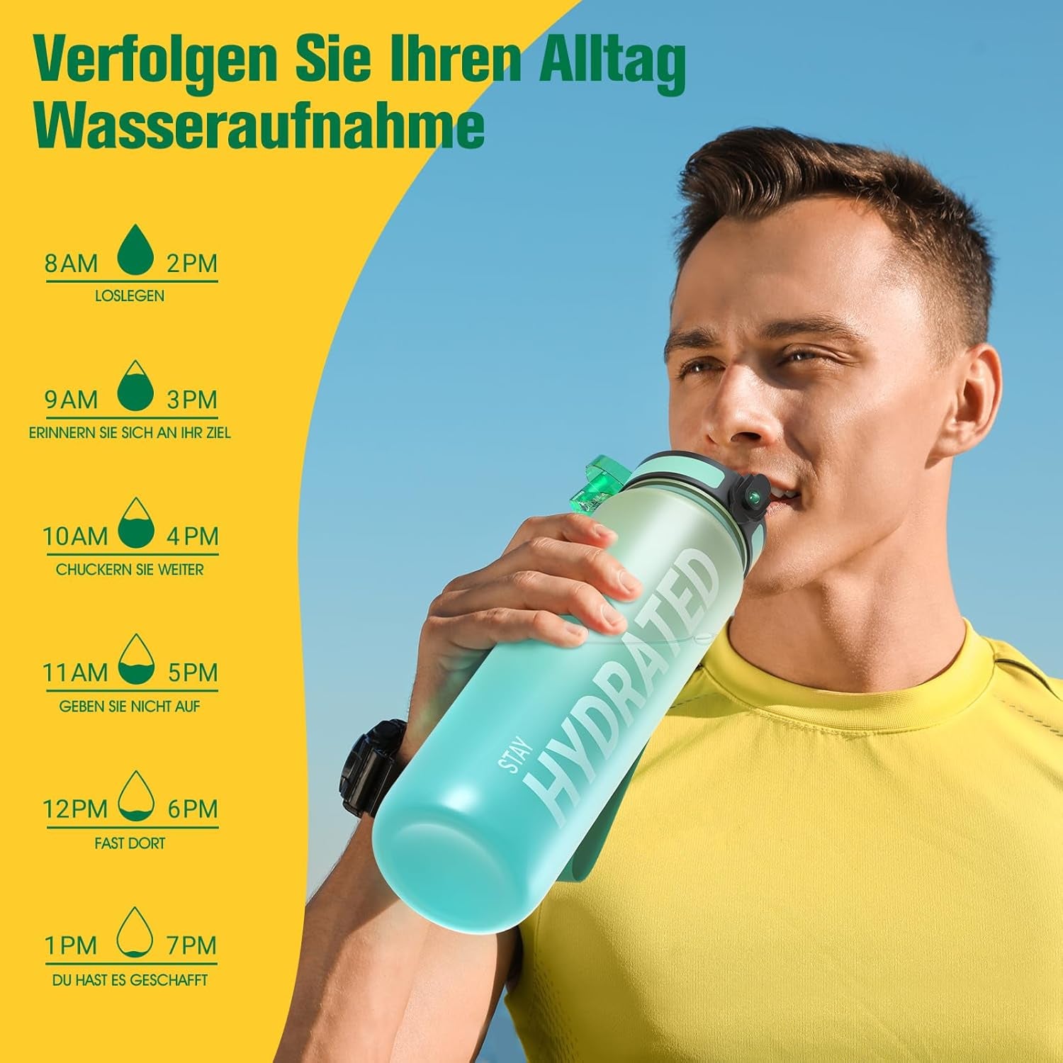Water Bottle, 32Oz Motivational Sports Water Bottle with Time Marker - Times to Drink - Tritan, BPA Free, Wide Mouth Leakproof, Fast Flow Technology with Clean Brush (1 Bottle)