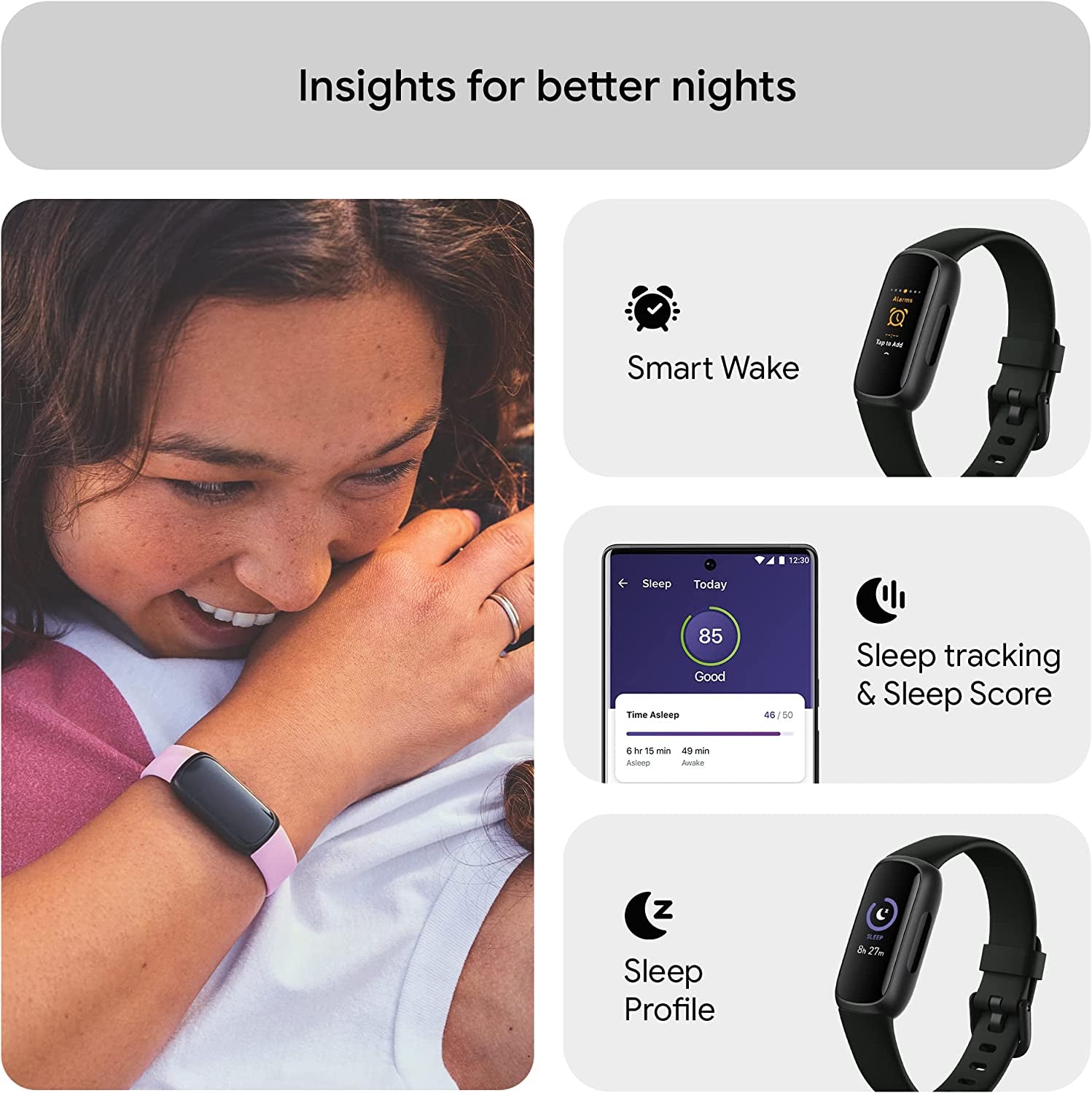 Google  Inspire 3 Health and Fitness Tracker with Stress Management, Workout Intensity, Sleep Tracking, 24/7 Heart Rate and More, Midnight Zen/Black, One Size (S and L Bands Included)