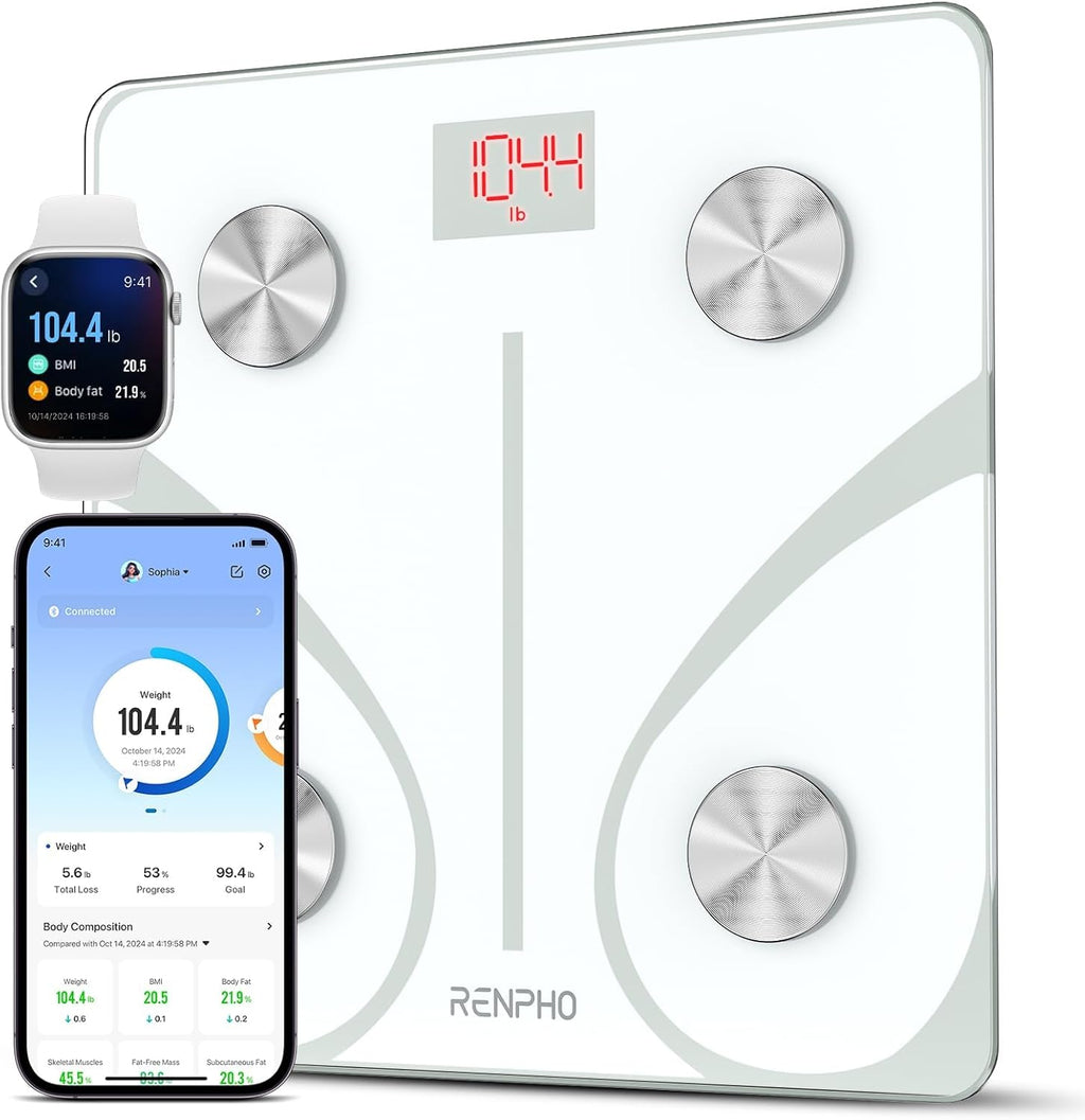 Body Fat Scale, Smart Scale for Body Weight, BMI Digital Bathroom Weight Scale, Body Measurements with Smartphone App Sync with Bluetooth, 400 Lbs - White, Elis 1