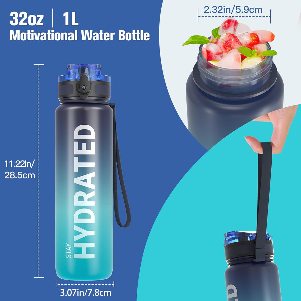 Water Bottle, 32Oz Motivational Sports Water Bottle with Time Marker - Times to Drink - Tritan, BPA Free, Wide Mouth Leakproof, Fast Flow Technology with Clean Brush (1 Bottle)