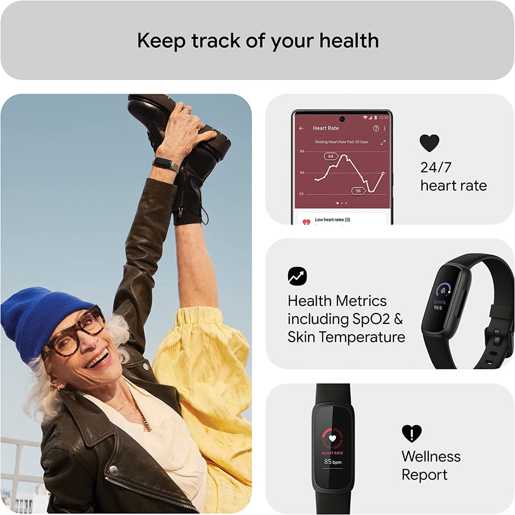 Google  Inspire 3 Health and Fitness Tracker with Stress Management, Workout Intensity, Sleep Tracking, 24/7 Heart Rate and More, Midnight Zen/Black, One Size (S and L Bands Included)
