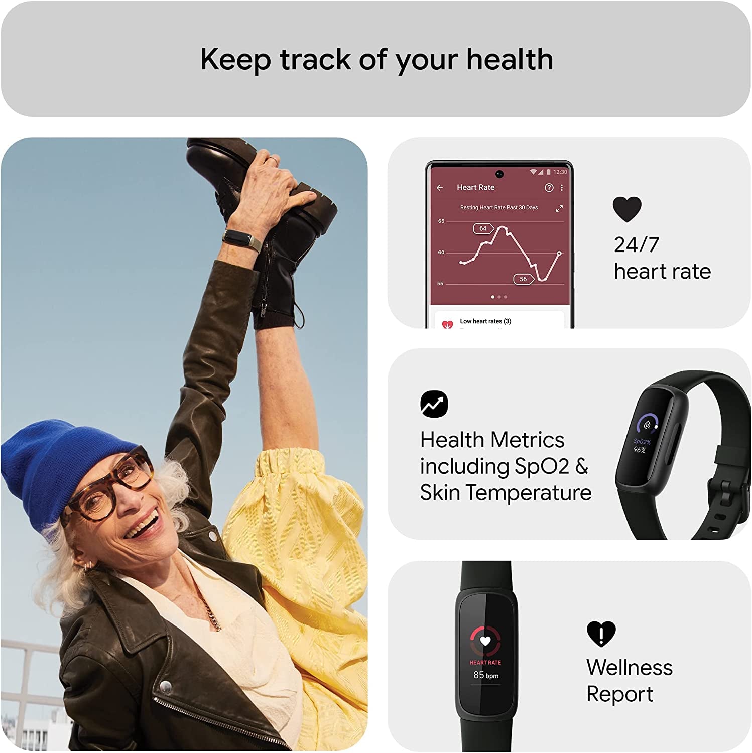 Google  Inspire 3 Health and Fitness Tracker with Stress Management, Workout Intensity, Sleep Tracking, 24/7 Heart Rate and More, Midnight Zen/Black, One Size (S and L Bands Included)