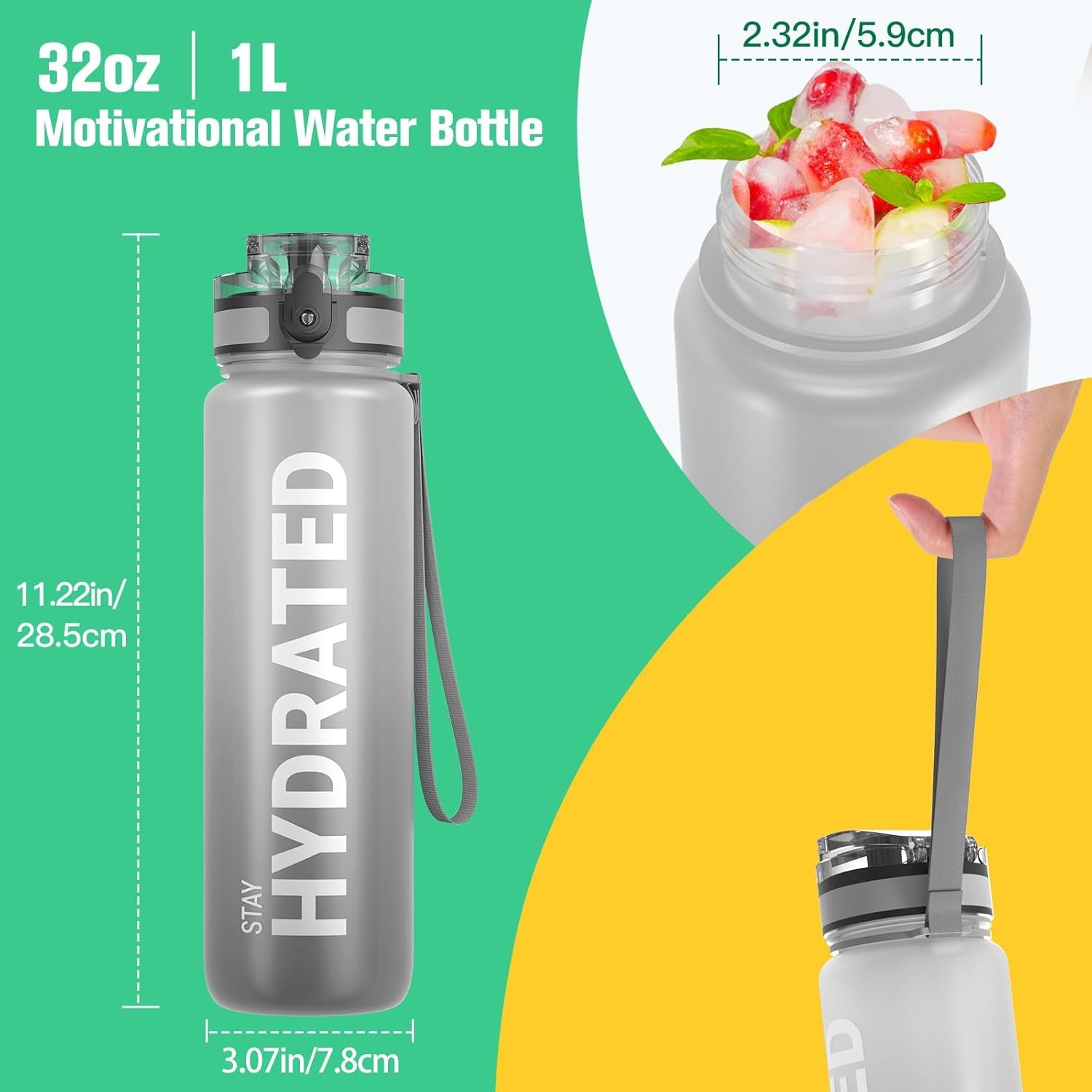 Water Bottle, 32Oz Motivational Sports Water Bottle with Time Marker - Times to Drink - Tritan, BPA Free, Wide Mouth Leakproof, Fast Flow Technology with Clean Brush (1 Bottle)