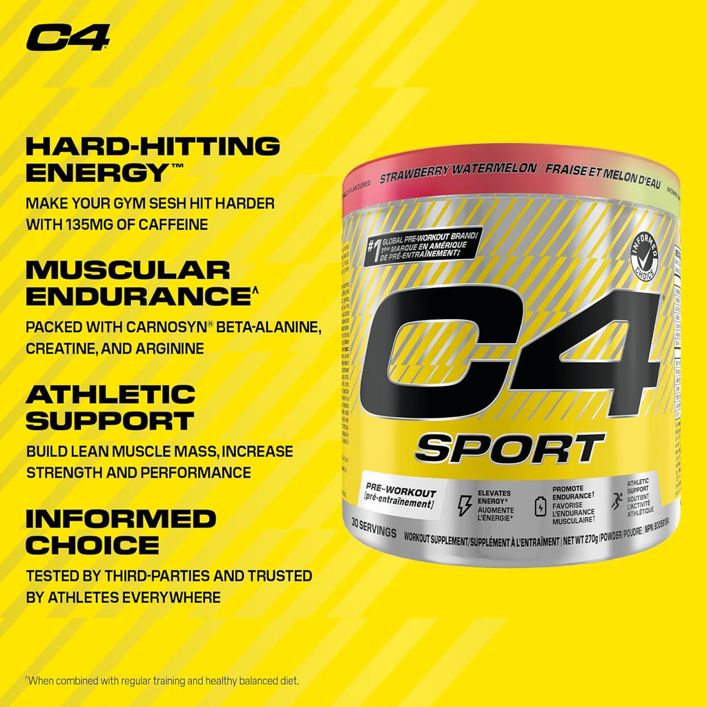 C4 Sport Pre Workout Powder - Preworkout Energy with Creatine, Beta-Alanine, and 135Mg Caffeine - NSF Certified for Sport - Strawberry Watermelon, 30 Servings